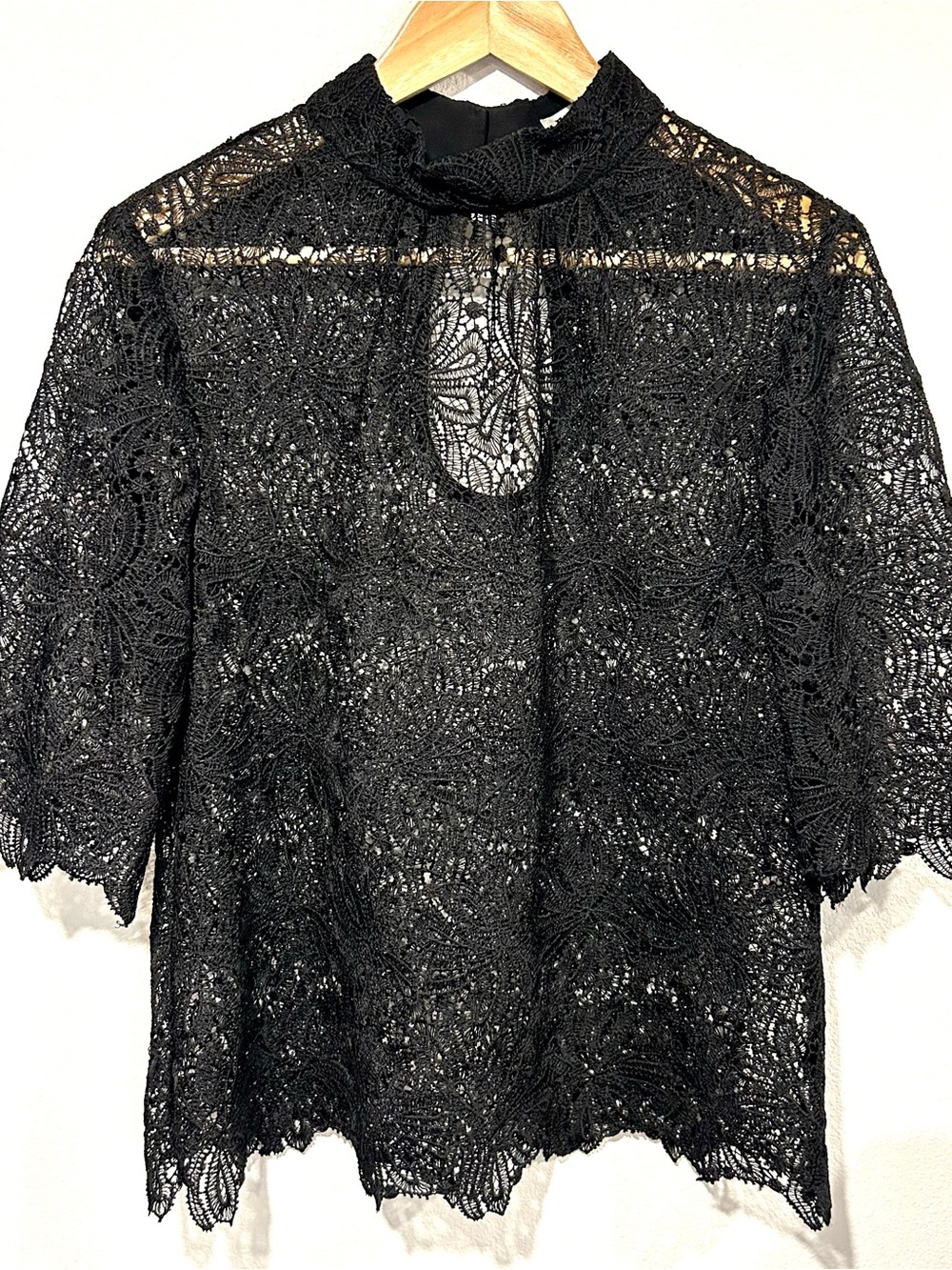 Trina Turk Black Lace High Neck Overlay Top Whimsigoth Witchy Boho Luxury Size M